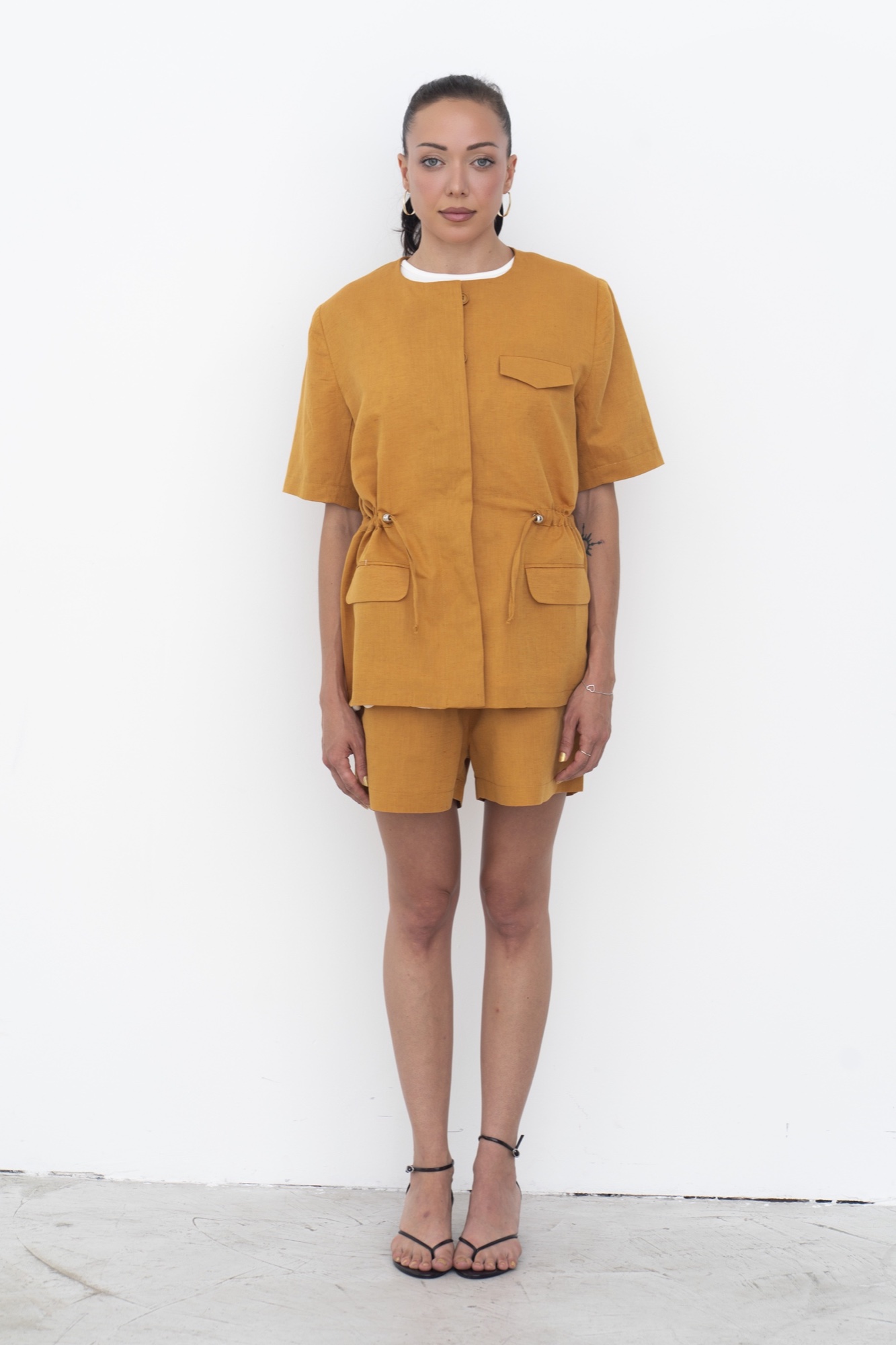 short sleeve safari linen blazer — Orange