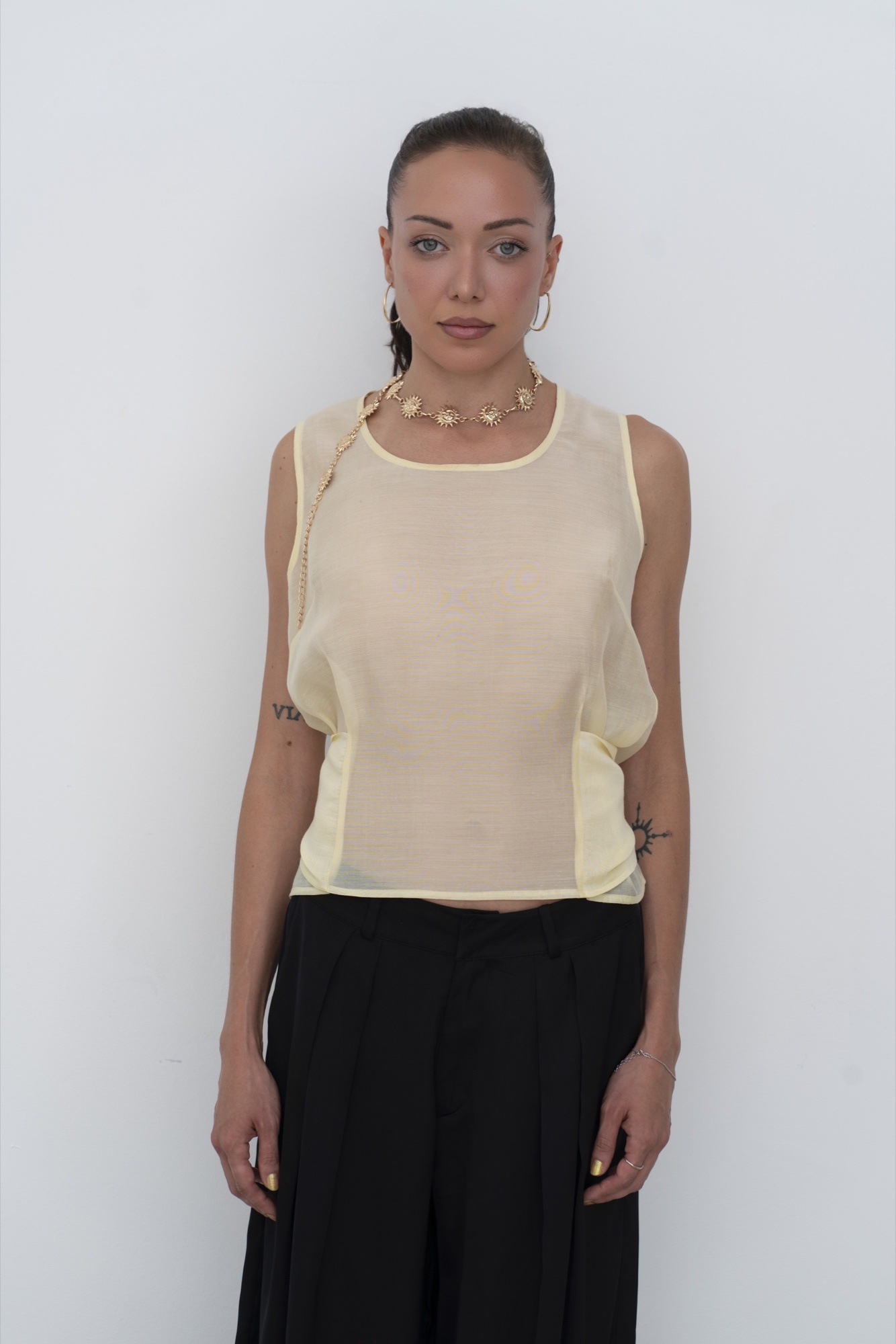 Semi Sheer Tank Top with Tie detail — Lemon