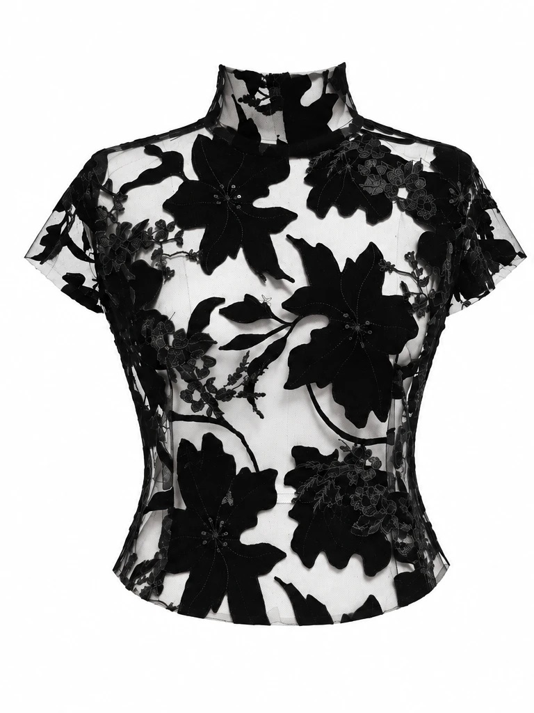 Mock neck cropped lace top — Black