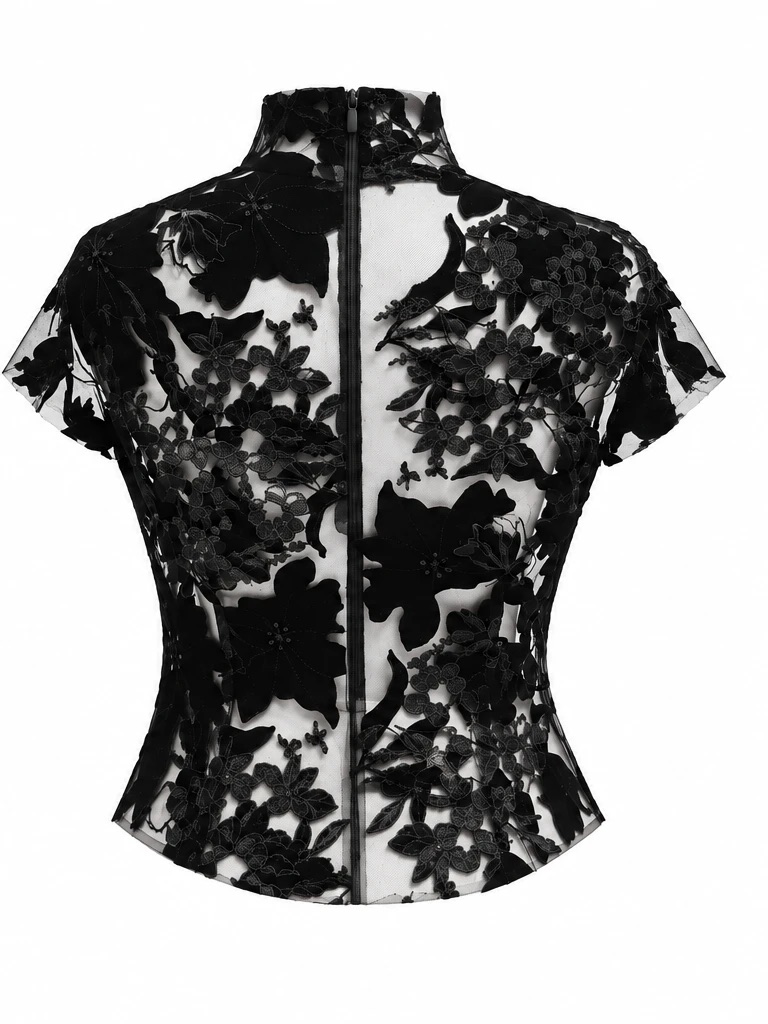 Mock neck cropped lace top — Black