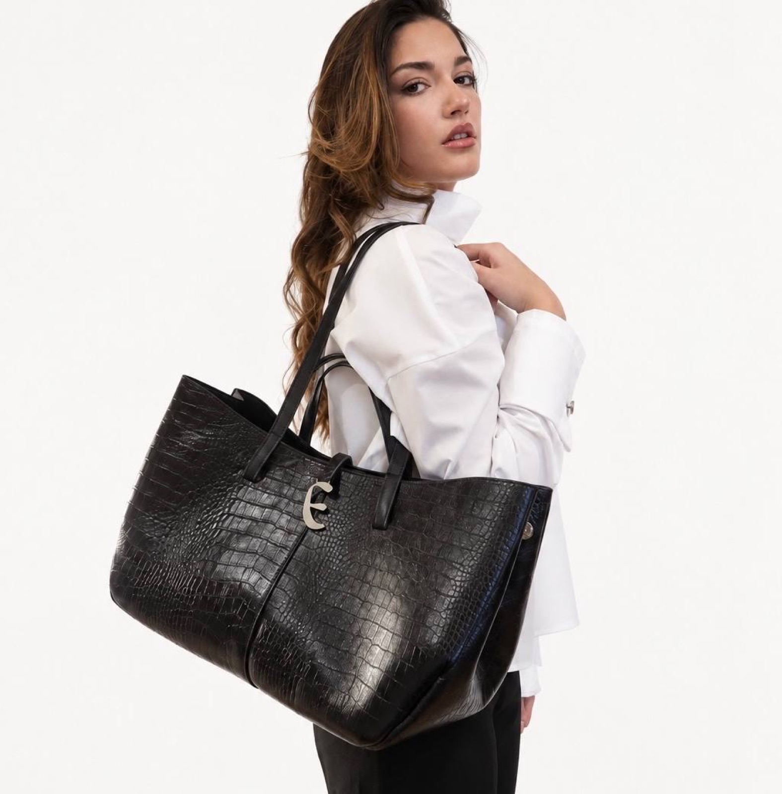 Croco Leather Tote — Black